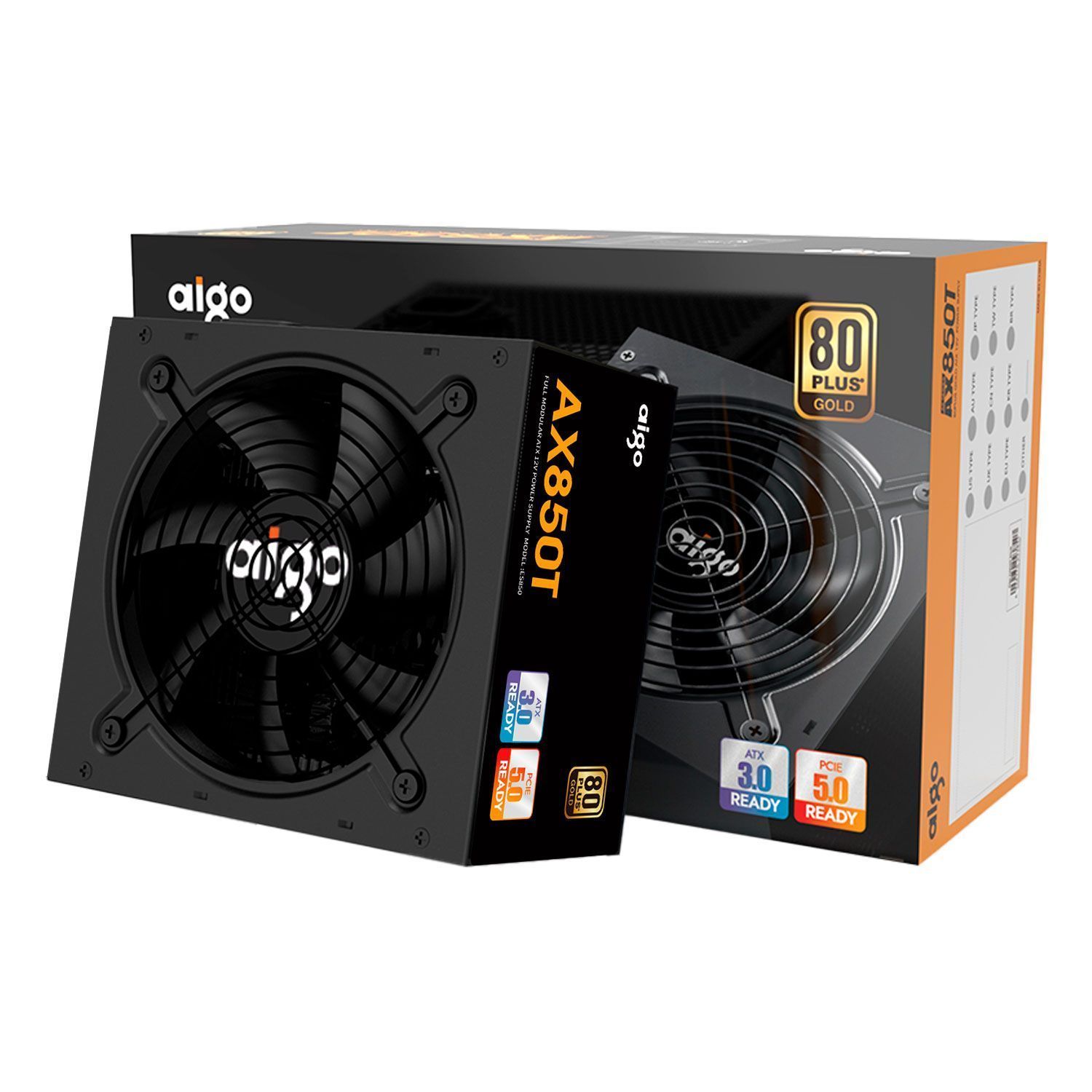 Aigo AX850T ATX 850W 80 Plus Gold PFC Fuente de alimentación bivolt modular activa completa - Negro