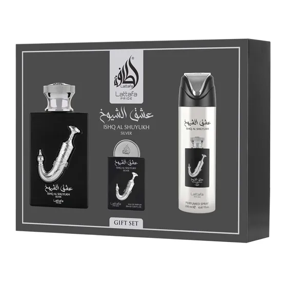 Kit Lattafa Pride SHQ Al Shuyukh Silver Gift Set Eau de Parfum Unissex - 3 Unidades