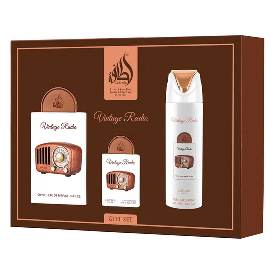 a5b82166875c1f6511819854c071a16a4c3b5560.webp Kit Lattafa Pride Vintage Radio Eau de Parfum Unissex - 3 Unidades
