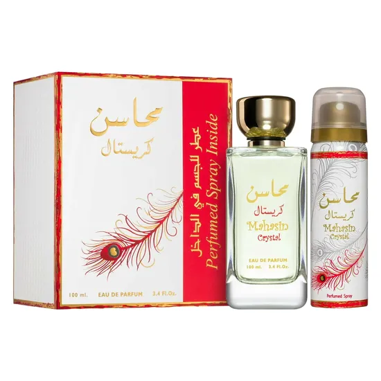 e179e2eb8a14e88c4c55a25f9487ce693451c805.webp Kit Perfume Lattafa Mahasin Crystal Red Eau de Parfum Feminino 100ML + Desodorante
